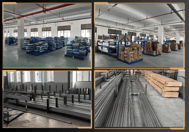 Warehouse and raw material storage area of Linearlinx factory showing inventory of SBR linear bearing blocks, steel shafts, and packaged components ready for production and shipping